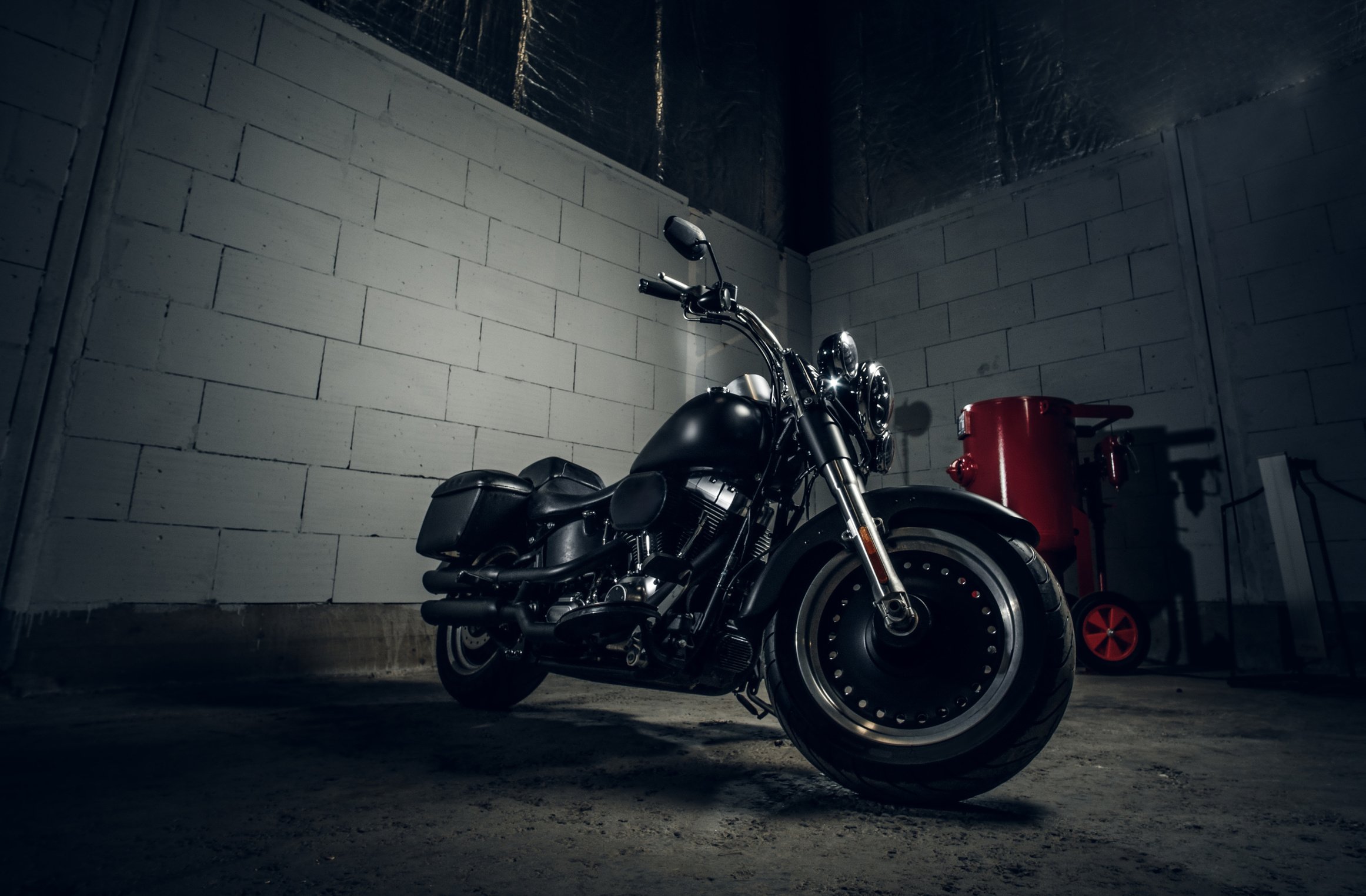 Parked Black Motorbike at Garage